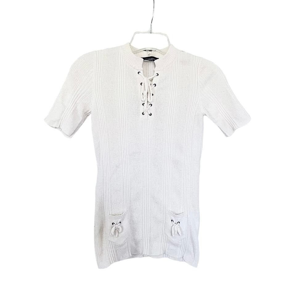 Roberto Collina Ecru Ribbed Lace Up Short Sleeve Knit Top Sweater - S